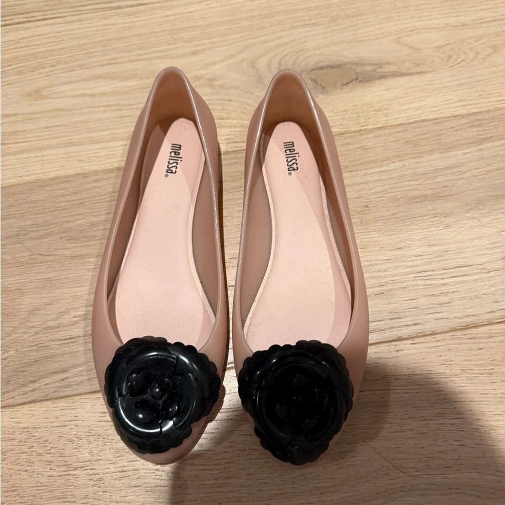Melissa Nude Pink Ballet Flats with Black Flower Detail